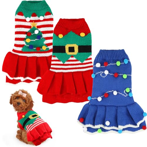 Dansydaisy 3-teiliges Weihnachtspulloverkleid für kleine Hunde, für den Winter, warm, Welpenpullover, Weihnachtskleid, Outfit für Dackel, Chihuahua, Malteser, Welpen, Mädchen, Größe L von Dansydaisy