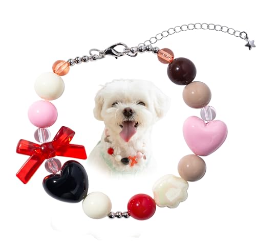 Coloful Hundehalsband mit Perlen, herzförmig, Blumenbär, niedliches Perlenhalsband, Halskette für Katzen, Hunde, Welpen (Süßes Rosa, Schwarz, Größe L) von Daovace