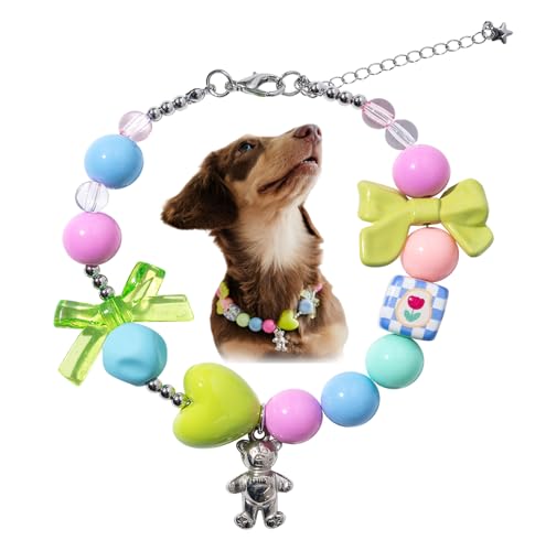 Coloful Hundehalsband mit Perlen, herzförmig, Blumenbär, niedliches Perlenhalsband, Halskette für Katzen, Hunde, Welpen (niedliches Grün-Rosa, Größe S) von Daovace