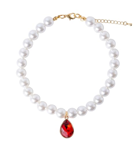 Daovace Pearl Katzenhalsband, Hundehalsband, Strass-Halsketten für kleine Hunde, Halsband, Zubehör, Haustierhalsband (rote Tropfenform, mittel) von Daovace