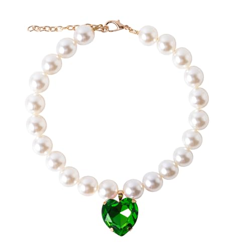Daovace Perlenhalsband, handgefertigt, ausgefallenes Hundehalsband mit Glöckchen, Halskette für kleine Hunde, Welpen (45,7 cm + 7,6 cm, grüne Herzform) von Daovace