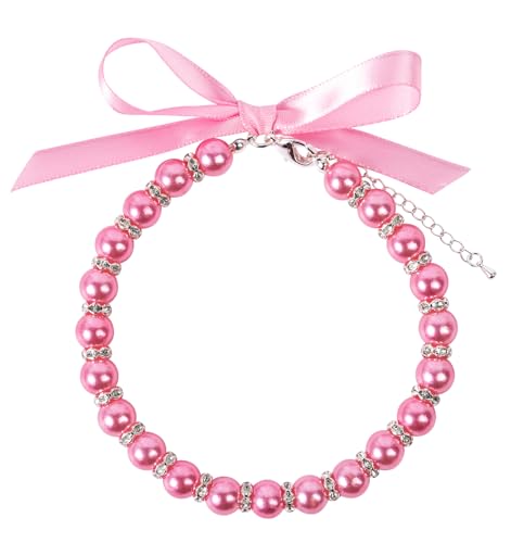 Daovace Ribbon Pearl Hundehalsband mit Strasssteinen, Haustierschmuck für Katzen, kleine Hunde, Welpenzubehör, Katzenperlenhalsband (Rosa, klein) von Daovace
