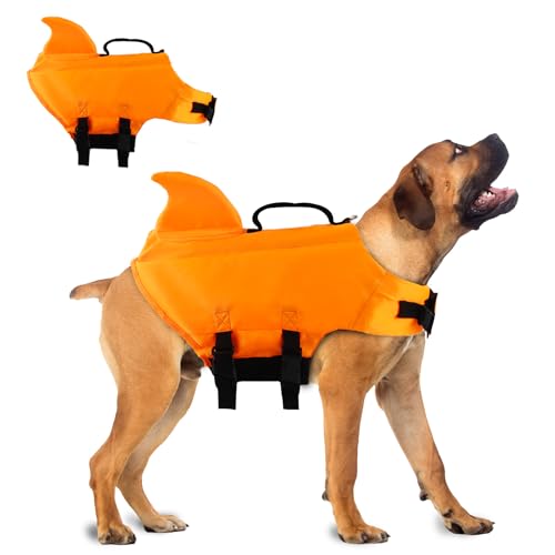 Schwimmweste Hai Hunde, Darryy Schöner Hunde Schwimmanzug, Blickfang Schwimmweste Hund Haifisch(Orange, L) von Darryy