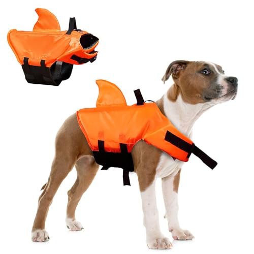 Schwimmweste Hai Hunde, Darryy Schöner Hunde Schwimmanzug, Blickfang Schwimmweste Hund Haifisch(Orange, S) von Darryy