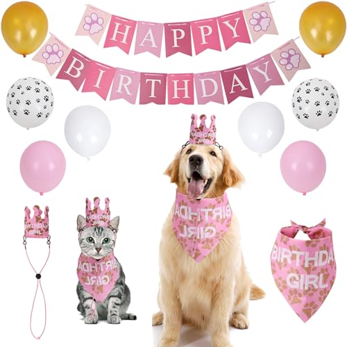 Daugezal Hundegeburtstags-Partyzubehör, Hundegeburtstagsdekorationen mit Bandana/Hut/Banner/Luftballons für alle Arten von Rassen, erste Geburtstagsparty-Geschenk (Rosa) von Daugezal