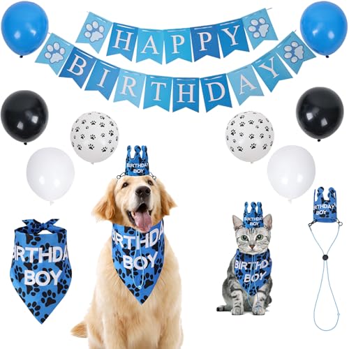 Daugezal Hundegeburtstags-Partyzubehör, Hundegeburtstagsdekorationen mit Bandana/Hut/Banner/Luftballons für alle Arten von Rassen, erstes Geburtstagsgeschenk, Blau von Daugezal