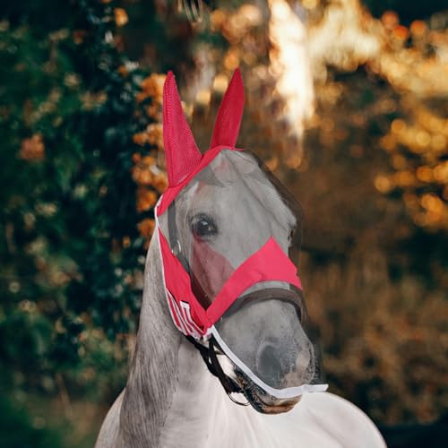 Fliegenmaske für Pferde, lange Nase, mit Ohren, UV-Schutz, Pferd, Sommer, volle Größe (Rosenrot, (Pony) klein von DayoVortex