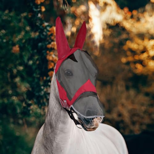 Pferd Fliegenmaske Langnase mit Ohr UV-Schutz Pferd Sommer | volle Größe (Rot, (Cob) Medium) von DayoVortex
