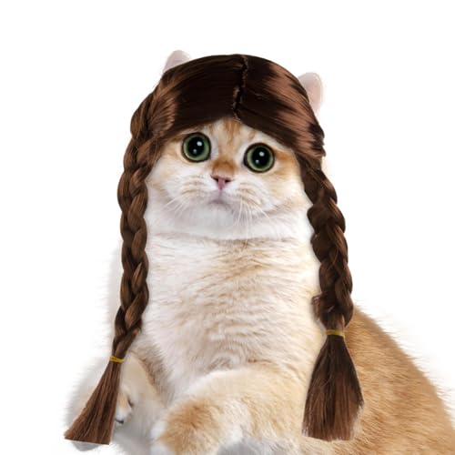 Dayysiuy Hundehaarperücke, Hund Cosplay Perücke,Doppelte Lange geflochtene braune Katzenperücke | Haustier-Cosplay-Hundeperücke für Halloween, Weihnachten, Partys, Festivals. Lustige Haustierperücke von Dayysiuy