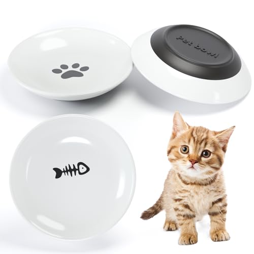 Katzennapf Keramik,3 Stück Ffutternapf Katze Keramik Set,verhindert Ermüdung der Schnurrhaare,Flacher breiter Futter- und Wassernapf für Kätzchen,Mit Rutschfester Gummiboden für Katzen,Kleiner Hund von Dazhshun
