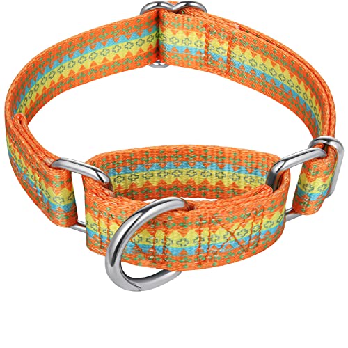 Dazzber Modischer Druck und einzigartiges geometrisches Muster, Martingale-Hundehalsband, seidig weich, 2.5 cm breit, Orange-Gelb und Grün) von Dazzber