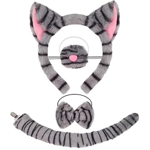4-teiliges Katzenkostüm-Zubehör-Set, lustiges Cosplay-Set mit pelzigen Katzenohren, Stirnband, Nasenschwanz, Fliege, Tierkostüm für Kinder und Erwachsene, Welttag des Buches, Halloween, Karneval von Dazzroi