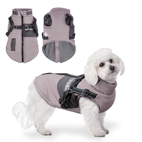 Wasserdichter Hunde-Wintermantel mit Geschirr, Welpen, Kaltwetterweste, warme Hundekleidung für kleine, mittelgroße Hunde (Lila, S) von Dazzroi