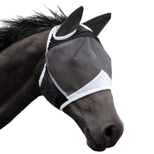 Fliegenmaske Pferd, Fliegenhaube Pferd UV-Schutz mit Ohrenschutz – Atmungsaktive Hautverträgliche Reitmaske für Training, Haltung & Freizeit (Schwarz)​ von DePro