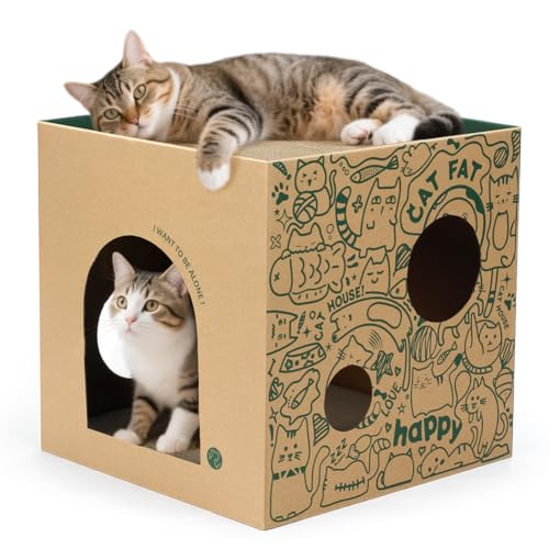Katzenhaus aus Karton mit 2 Kratzunterlagen, 43,2 cm L x 30,5 cm B x 30,5 cm H, großes Katzenkratzbett für Indoor-Katzen, Kratzbrett und Katzenkratzbox für Hasen/Katzen, Tiere (Grün-Graffiti) von Deamoser