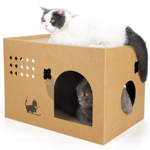 Katzenhaus aus Karton mit Katzenminze, 43,2 cm L x 30,5 cm B x 30,5 cm H, großes Katzenkratzbett für Indoor-Katzen mit 2 Kratzpads, Wellpappe, Katzenkratzbox für Hasen/Katzen, Tiere. von Deamoser