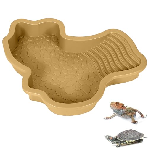 Schildkröten-Badeschale für Nahrung und Wasser, Schildkrötenwasserschale, Reptilien-Badebecken-Dekoration, für Meeresschildkröten und Verschiedene Reptilien(Braun Gelb, Keine Externe Kletterleiter) von Deautie