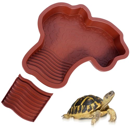 Schildkröten-Badeschale für Nahrung und Wasser, Schildkrötenwasserschale, Reptilien-Badebecken-Dekoration, für Meeresschildkröten und Verschiedene Reptilien(Braun Rot, mit Äußerer Klettertreppe) von Deautie