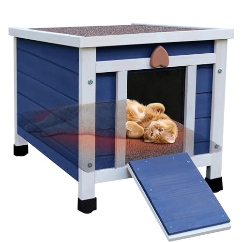Deblue Katzenhaus Outdoor mit selbstwärmender Matte, Wetterfestes Katzenhaus für Wildkatze, Katzenhäuser für Katzen im Freien (Blaues Haus mit Matte) von Deblue