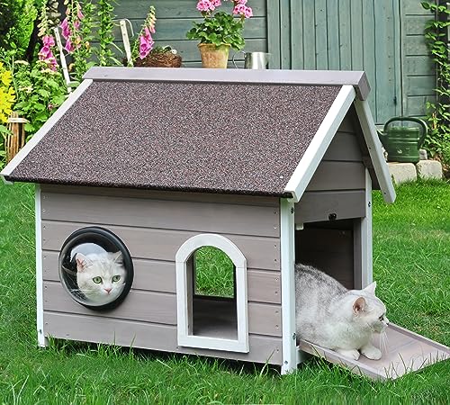Deblue Outdoor Katzenhaus für Wildkatzen, wetterfestes Katzenhaus aus Holz für kleine Haustiere, einzigartiger großer Katzenschutz mit Fluchttür, klarem Fenster und Dachboden - Grau Deblue Outdoor Katzenhaus für Wildkatzen, wetterfestes Katzenhaus aus Holz für kleine Haustiere, einzigartiger großer Katzenschutz mit Fluchttür, klarem Fenster und Dachboden - Grau von Deblue
