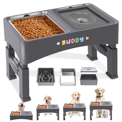 Decflow 3-in-1 Erhöhte Hundenäpfe, 4 höhenverstellbare erhöhte Hundenäpfe mit Edelstahl-Hundefutternäpfen, langsamer Feeder, kein Verschütten Wassernapf, DIY Aufkleber Faltbarer Haustiernapf für von Decflow