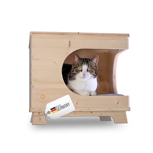 Deerke Living Quality Katzenhaus aus Echtholz | Handgefertigt in Deutschland | Indoor Katzenhöhle mit Polster | Hochwertiges Katzenbett | 41x41x37cm | Made in Germany | von Deerke Living Quality