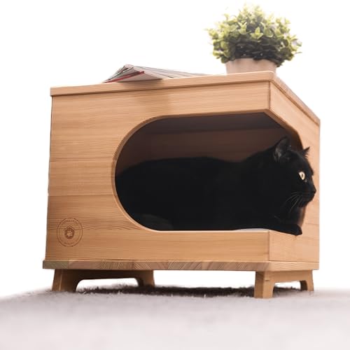Deerke Living Quality Katzenhaus aus Lärche | Handgefertigt in Deutschland | Indoor Katzenhöhle mit Polster | Hochwertiges Katzenbett | 41x41x37cm | Made in Germany | von Deerke Living Quality