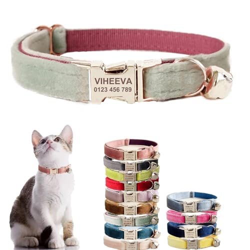 Katzenhalsband, bestickt, mit Glöckchen, für Katzen und kleine Hunde, Welpen, Kätzchen, personalisierter Text mit Haustiernamen und Telefonnummer (L (20,3 cm - 33 cm), Minzgrün von Defgeph