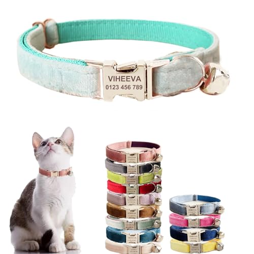 Katzenhalsband, bestickt, mit Glöckchen, für Katzen und kleine Hunde, Welpen, Kätzchen, personalisierter Text mit Haustiernamen und Telefonnummer (S (15,2 cm - 25,4 cm), Aquablau von Defgeph