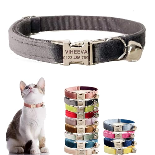 Katzenhalsband, bestickt, mit Glöckchen, für Katzen und kleine Hunde, Welpen, Kätzchen, personalisierter Text mit Haustiernamen und Telefonnummer (S (15,2 cm - 25,4 cm), Grau) von Defgeph