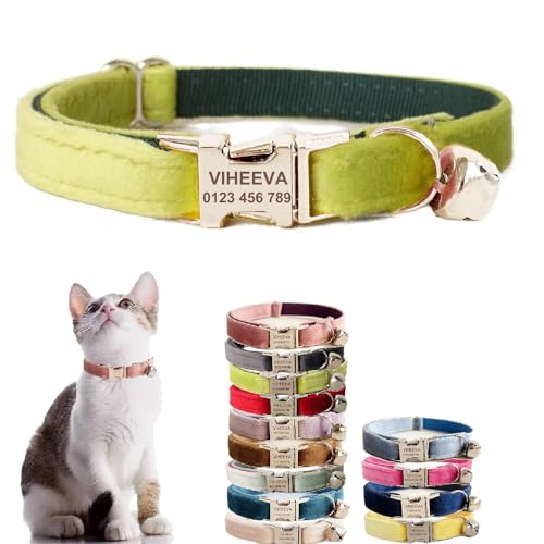 Katzenhalsband, bestickt, mit Glöckchen, für Katzen und kleine Hunde, Welpen, Kätzchen, personalisierter Text mit Haustiernamen und Telefonnummer (S (15,2 cm - 25,4 cm), Moosgrün von Defgeph