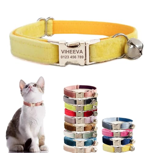 Katzenhalsband, bestickt, mit Glöckchen für Katzen und kleine Hunde, Welpen, Kätzchen, personalisierter Text mit Haustiernamen und Telefonnummer (L (20,3 cm - 33 cm), Gelb von Defgeph