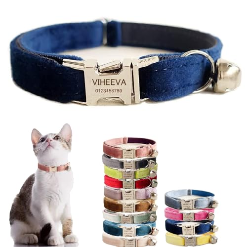 Katzenhalsband, bestickt, mit Glöckchen für Katzen und kleine Hunde, Welpen, Kätzchen, personalisierter Text mit Haustiernamen und Telefonnummer (L (20,3 cm - 33 cm), Marineblau von Defgeph