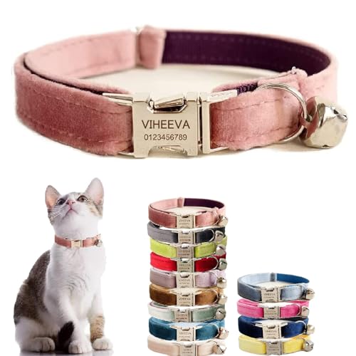 Katzenhalsband, bestickt, mit Glöckchen für Katzen und kleine Hunde, Welpen, Kätzchen, personalisierter Text mit Haustiernamen und Telefonnummer (L (20,3 cm - 33 cm), Pink) von Defgeph