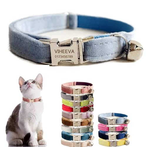 Katzenhalsband, personalisierbar, bestickt, mit Glocke für Katzen und kleine Hunde, Welpen, Kätzchen, individueller Text mit Haustiernamen und Telefonnummer (L (20,3 cm - 33 cm), Himmelblau von Defgeph