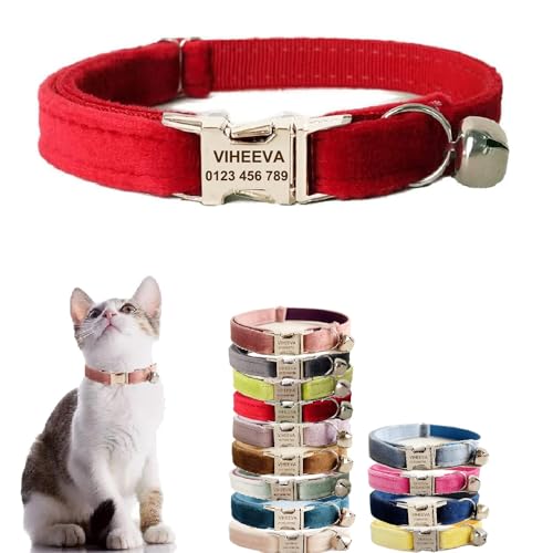 Katzenhalsband, personalisierbar, bestickt, mit Glöckchen, für Katzen und kleine Hunde, Welpen, Kätzchen, individueller Text mit Haustiernamen und Telefonnummer (S (15,2 - 25,4 cm), Rot) von Defgeph