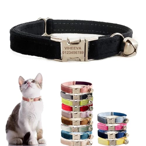 Katzenhalsband, personalisierbar, bestickt, mit Glöckchen, für Katzen und kleine Hunde, Welpen, Kätzchen, individueller Text mit Haustiernamen und Telefonnummer (S (15,2 - 25,4 cm), Schwarz) von Defgeph