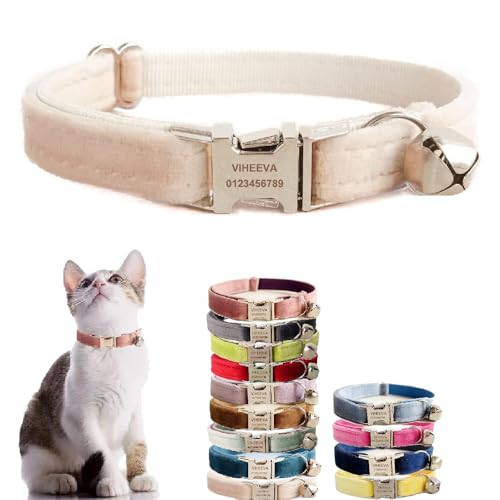 Katzenhalsband, personalisierbar, bestickt, mit Glöckchen, für Katzen und kleine Hunde, Welpen, Kätzchen – individueller Text mit Haustiernamen und Telefonnummer (S (15,2 cm - 25,4 cm), Cremeweiß von Defgeph