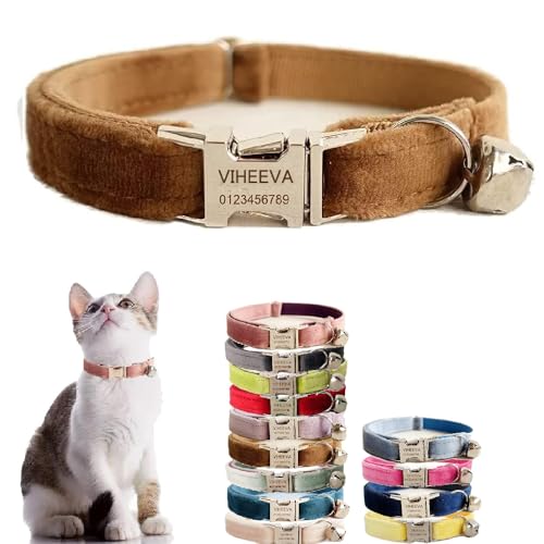 Katzenhalsband, personalisierbar, bestickt, mit Glöckchen, für Katzen und kleine Hunde, Welpen, Kätzchen – individueller Text mit Haustiernamen und Telefonnummer (S (15,2 cm - 25,4 cm), braun) von Defgeph