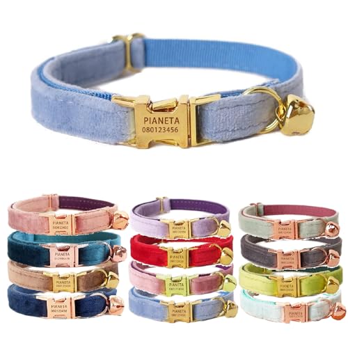Katzenhalsband, personalisierbar, mit Namen und Glöckchen, maßgeschneiderte Samthalsbänder für Welpen, Kätzchen, Größe L (20,3 cm - 33 cm), Himmelblau von Defgeph