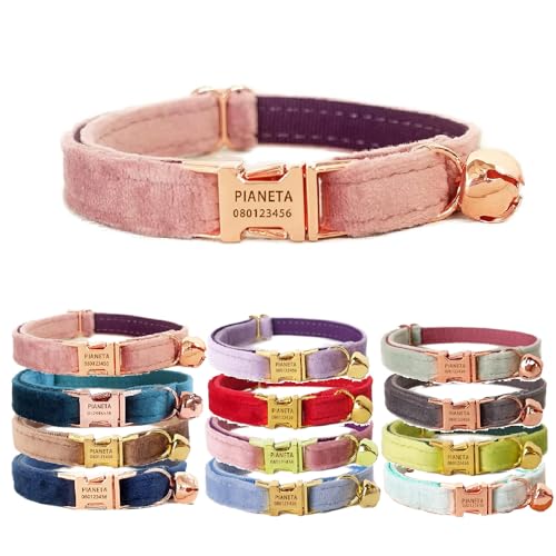 Katzenhalsband, personalisierbar, mit Namen und Glöckchen, maßgeschneiderte Samthalsbänder für Welpen, Kätzchen (L (20,3 cm - 33 cm), Pink) von Defgeph