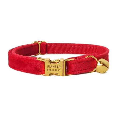 Katzenhalsband, personalisierbar, mit Namen und Glöckchen, maßgeschneiderte Samthalsbänder für Welpen, Kätzchen (L (20,3 cm - 33 cm), Rot) von Defgeph