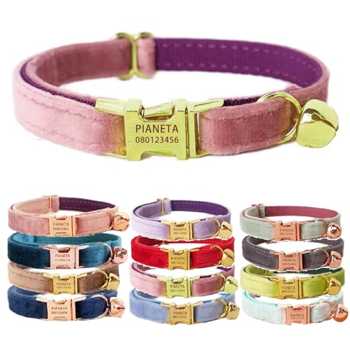 Katzenhalsband, personalisierbar mit Name und Glöckchen, personalisierbar, Samt-Halsbänder für Welpen, Kätzchen, Rosa + goldfarbener Verschluss, Größe L (20,3-33 cm) von Defgeph