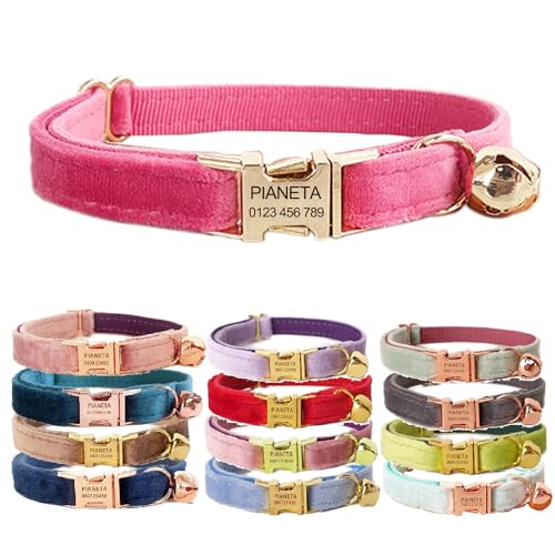 Katzenhalsband, personalisierbar mit Name und Glöckchen, personalisierbar, Samt-Halsbänder für Welpen, Kätzchen (Rosarot, L (8"-13")) von Defgeph