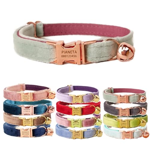 Katzenhalsband, personalisierbar mit Namen und Glöckchen, maßgeschneiderte Samthalsbänder für Welpen, Kätzchen (L (20,3 cm - 33 cm), Minzgrün von Defgeph