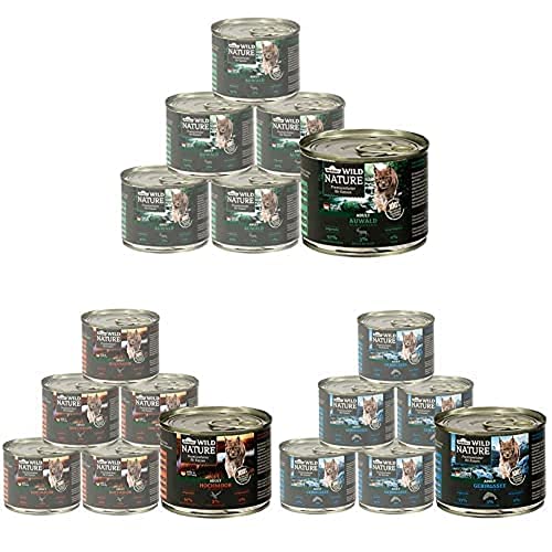 Dehner Wild Nature Katzenfutter: Auwald, Hirsch/Truthahn, Hochmoor, Ente/Pute, Gebirgssee, Lachs/Forelle - 6 x 200 g, 3600 g Dehner Wild Nature Katzenfutter: Auwald, Hirsch/Truthahn, Hochmoor, Ente/Pute, Gebirgssee, Lachs/Forelle - 6 x 200 g, 3600 g von Dehner