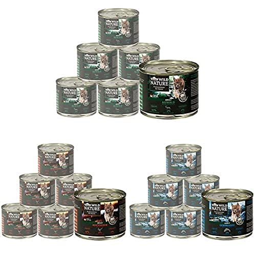 Bundle aus Dehner Wild Nature Katzenfutter, Auwald, Hirsch/Truthahn, 6 x 200 g + Dehner Wild Nature Hochmoor, Ente/Pute, 6 x 200 g + Dehner Wild Nature Gebirgssee, Lachs/Forelle, 6 x 200 g von Dehner