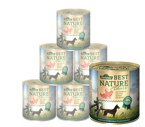 Dehner Best Nature Hundefutter, Nassfutter getreidefrei, für ausgewachsene Hunde, Lachs / Geflügel / Reis, 6 x 800 g Dose (4.8 kg) von Dehner