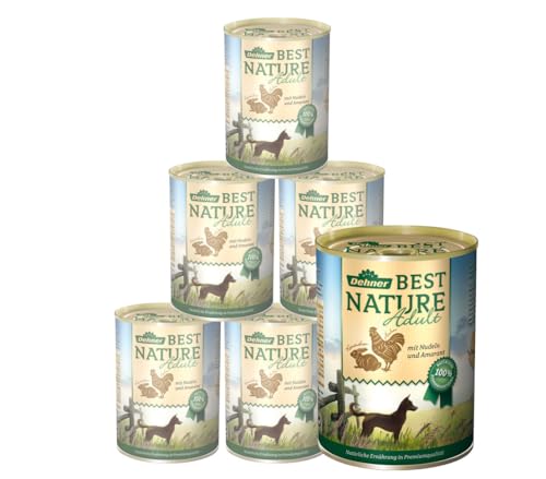 Dehner Best Nature Hundefutter, Nassfutter getreidefrei, für ausgewachsene Hunde, Huhn / Kaninchen / Nudeln, 6 x 400 g Dose (2.4 kg) von Dehner