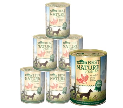 Dehner Best Nature Hundefutter, Nassfutter getreidefrei, für ausgewachsene Hunde, Lachs / Geflügel / Reis, 6 x 400 g Dose (2.4 kg) von Dehner
